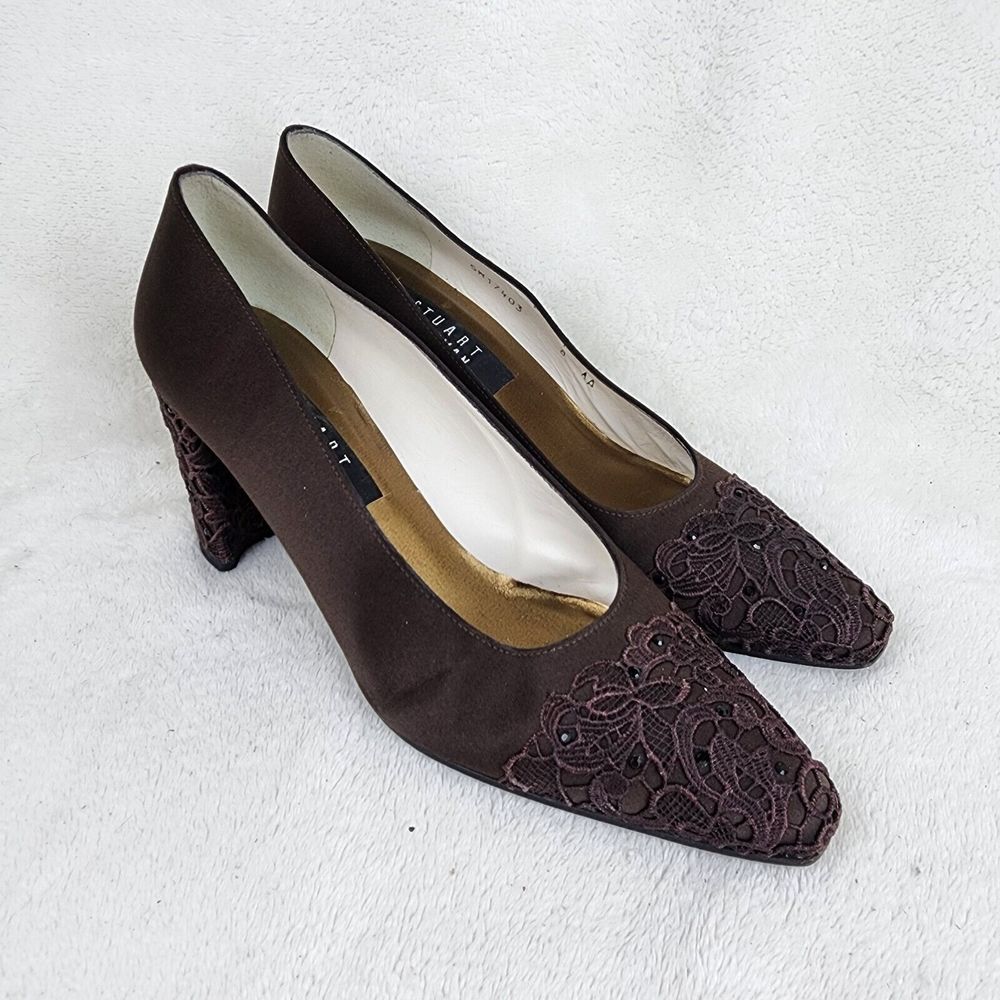 Stuart Weitzman Womens Square Toe Slip-On Lace Top High Heels Pumps Size 8N AA